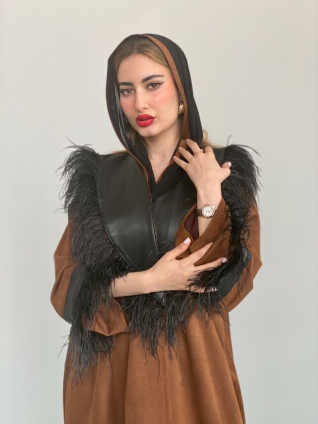 Winter coat, "Hemp chocolate brown with black leather design w/ fur"