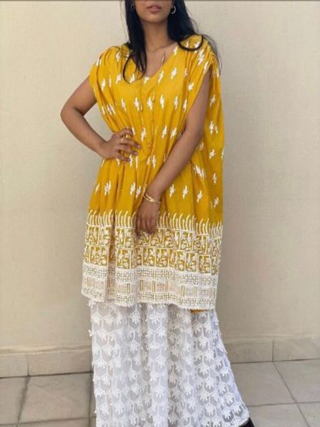 Tunic Dress, Golden yellow w/ white & white embroidery w/ chiffon materials