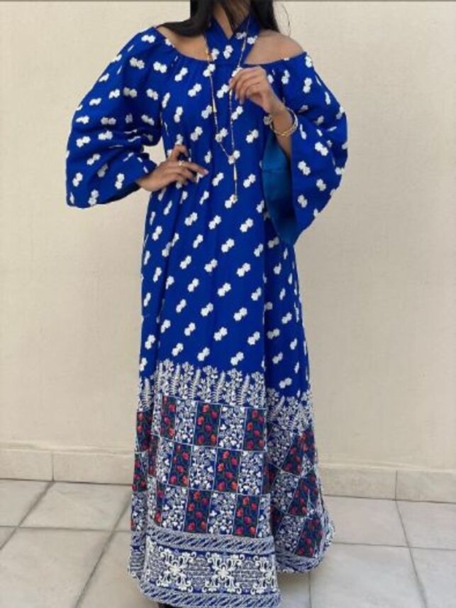 Off shoulder Dress, Ocean blue w/ flower embroidery cotton materials