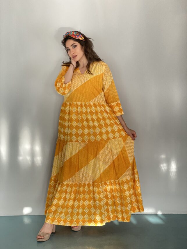 Long summer dress, checkered linen cotton materials