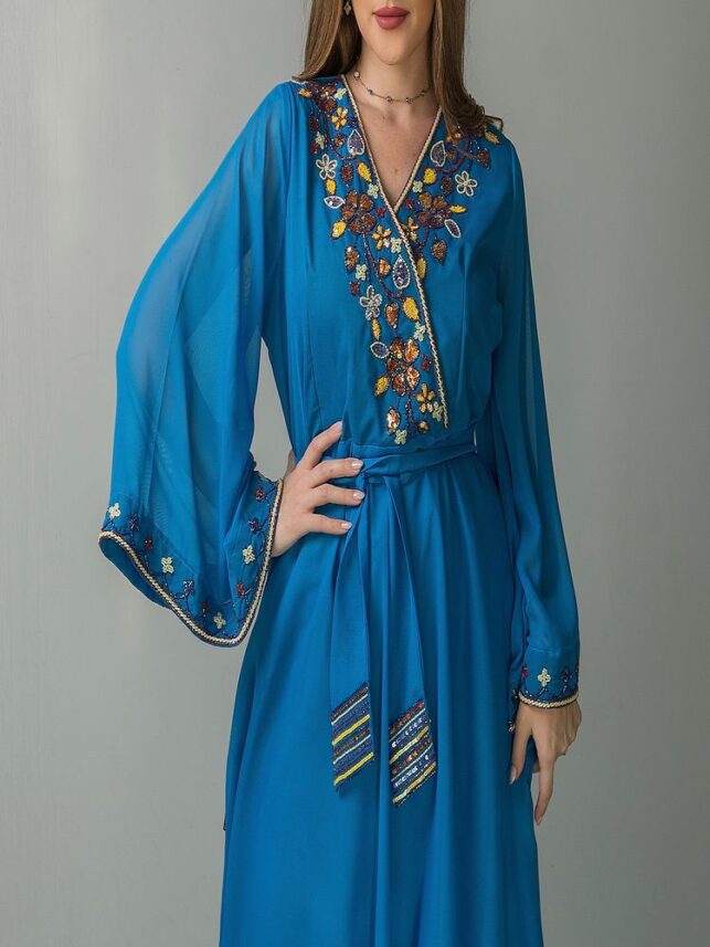V neck Dress Chiffon materials beaded on top w/ belt