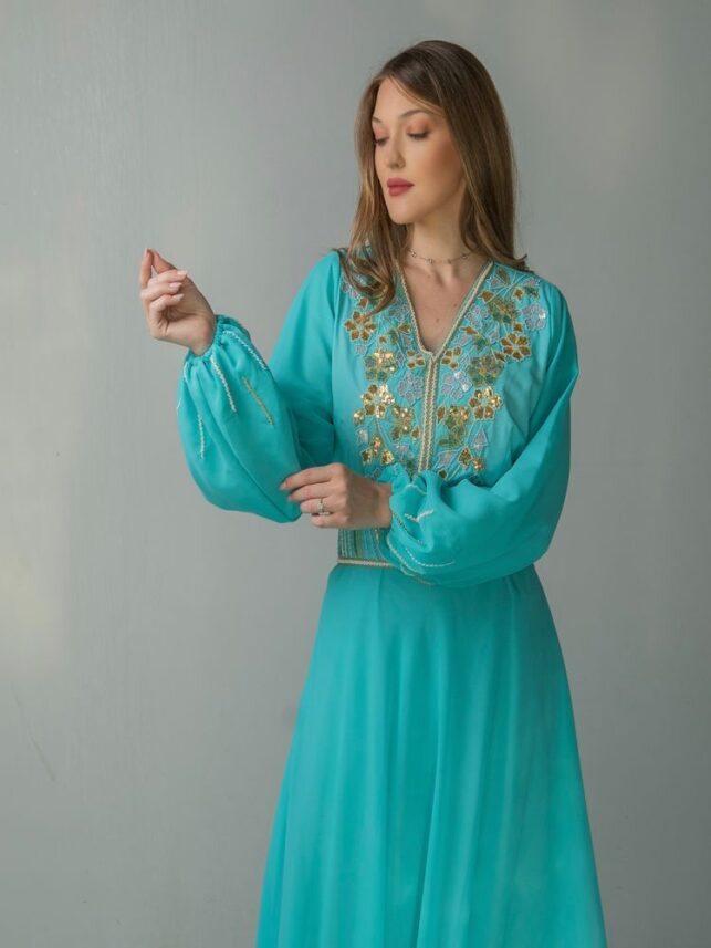 Long sleeve dress beaded flower on top w/ belt & chiffon materials