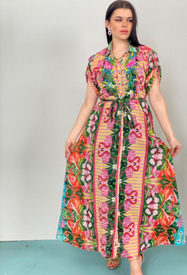 Flamingo summer dress Floral Pink w/ collar and belt