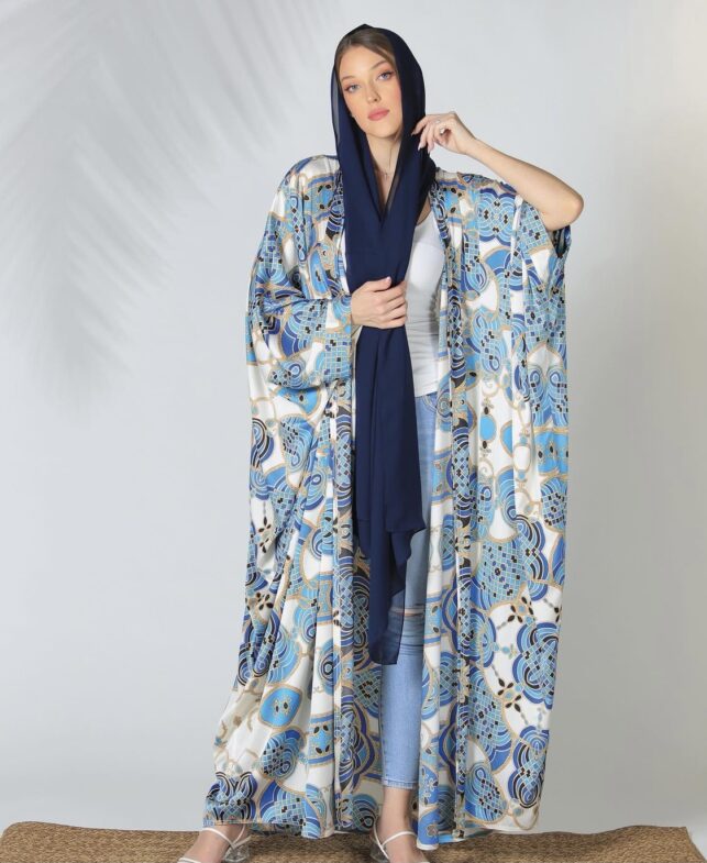 Graphic designed cape style abaya w/ pure silk materials