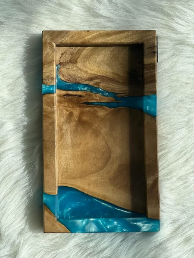Wooden ceramic tray with colored design