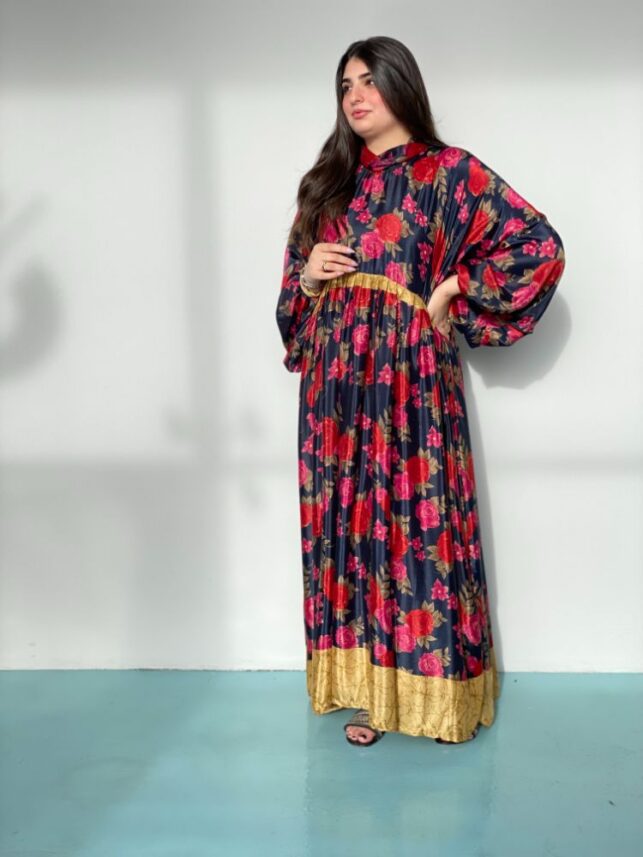 Floral close neck Jalabya, chiffon materials