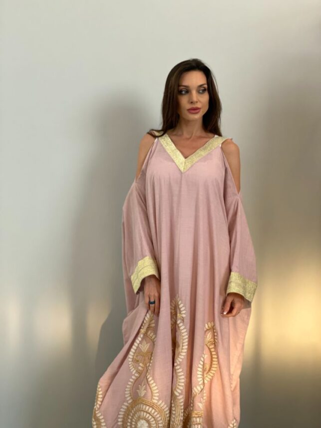 Open shoulder dress, cotton & crepe gold materials