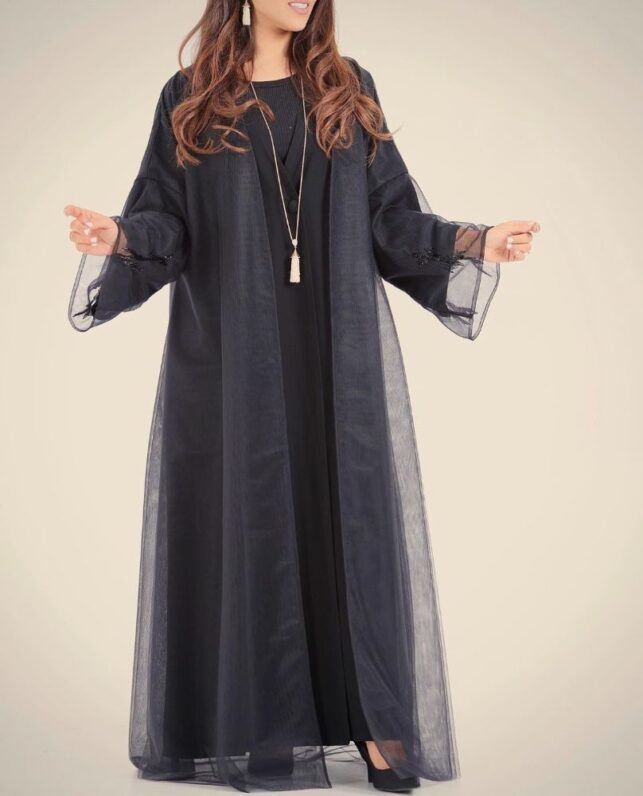 Knitted abaya, crepe & Organza materials beaded with black