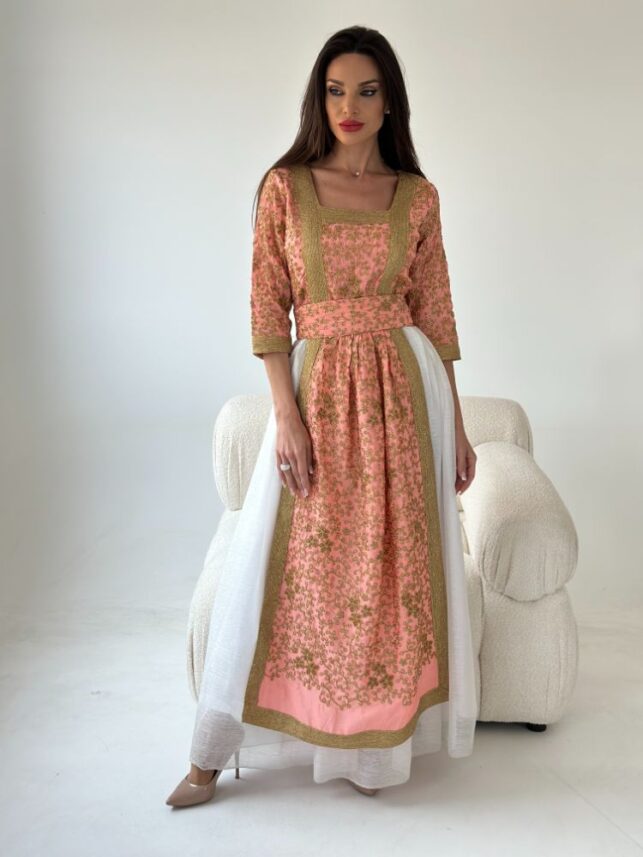 Egyptian A-line dress w/ golden embroidery, Nylon, crepe & tulle materials