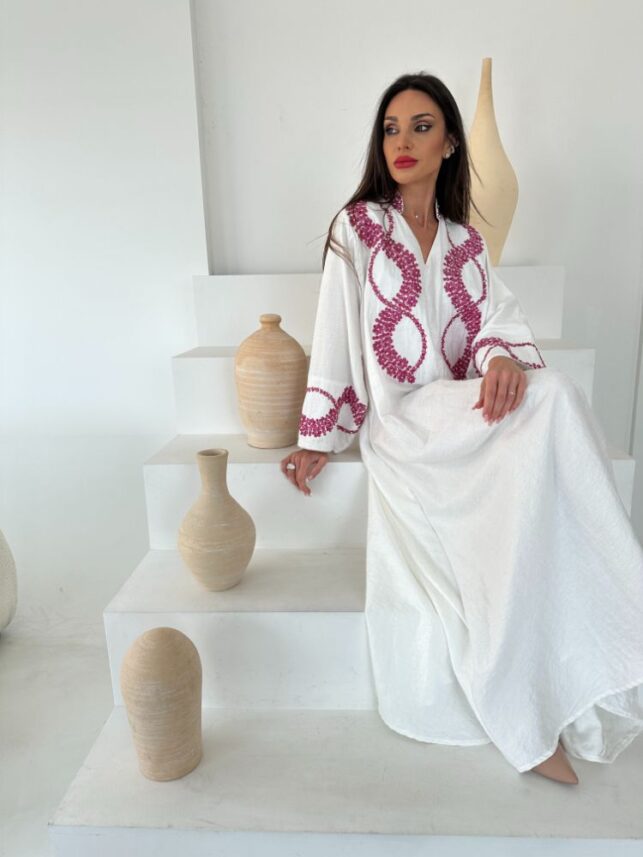 V-Neck Jalabiya with pink flower embroidery, Crepe materials