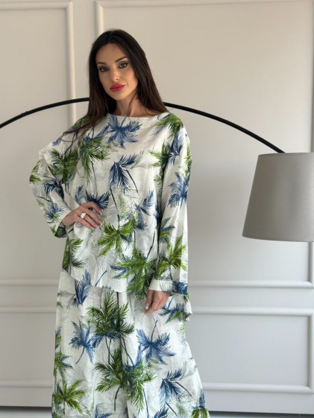 Summer Top & trousers painted palm, Cotton linen materials
