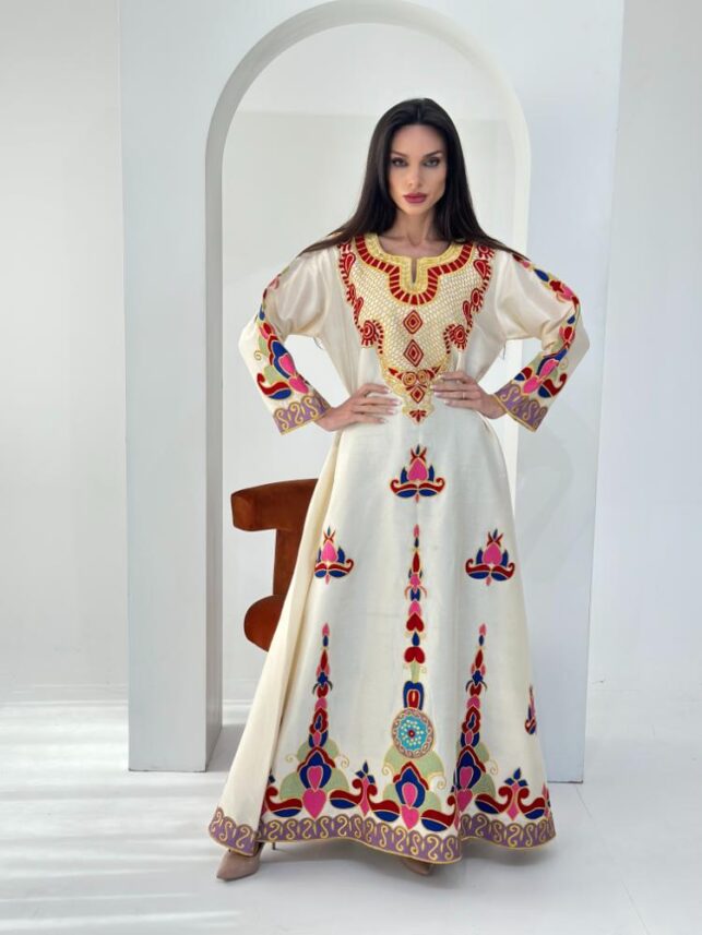A line long dress with native embroidery, Nylon materials