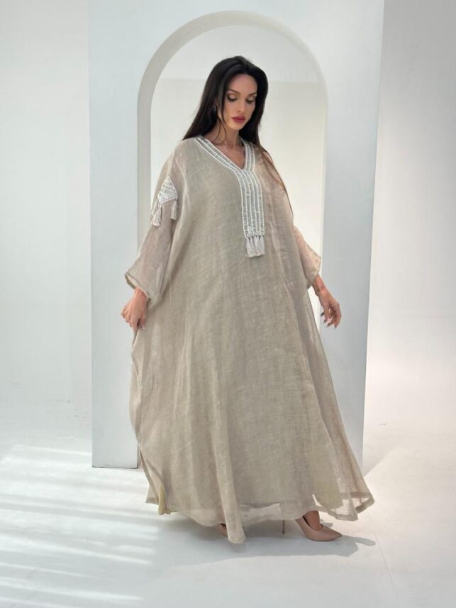 Bisht type Jalabiya beads on hand & neckline, Linen materials