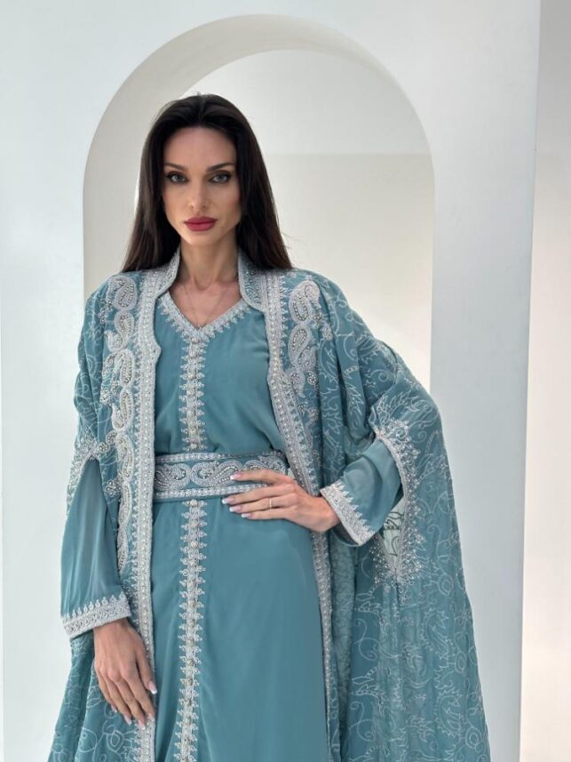 2pc. Ramadan Jalabiya with silver embroidery & pearl with belt, blended materials