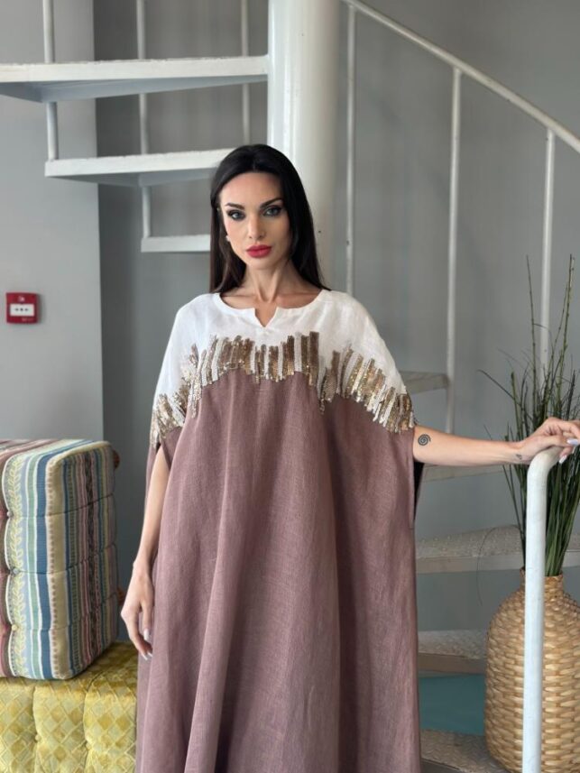 Bisht type Jalabiya, with golden beads Colored combi linen materials