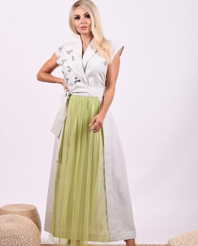 Collar sleeveless dress w/ stones design & belt, A line style, Tulle & Cotton materials