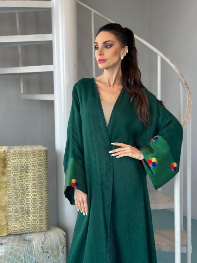 Colored abaya with balls design, Linen materials