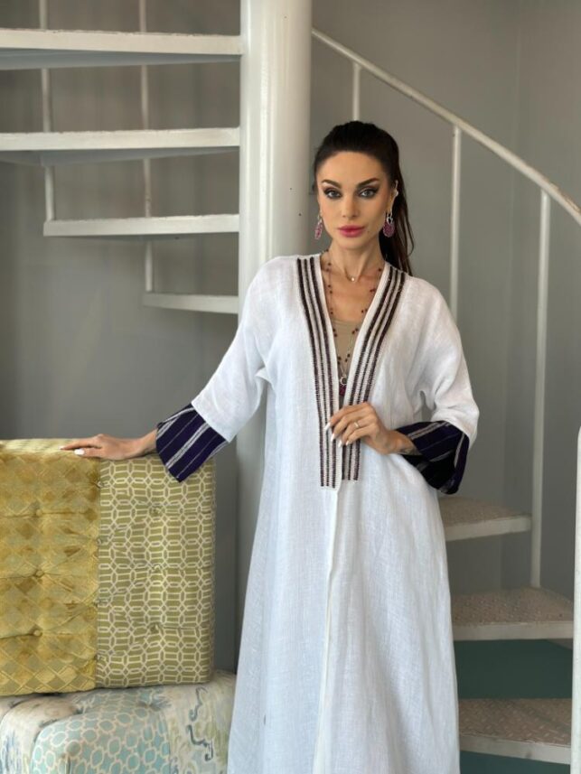 Long cardigan, with lines purple & clear beads, Linen materials