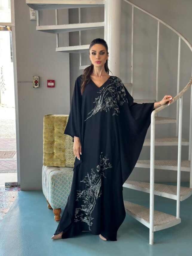 Long black Jalabiya, with designed embroidery, crepe materials