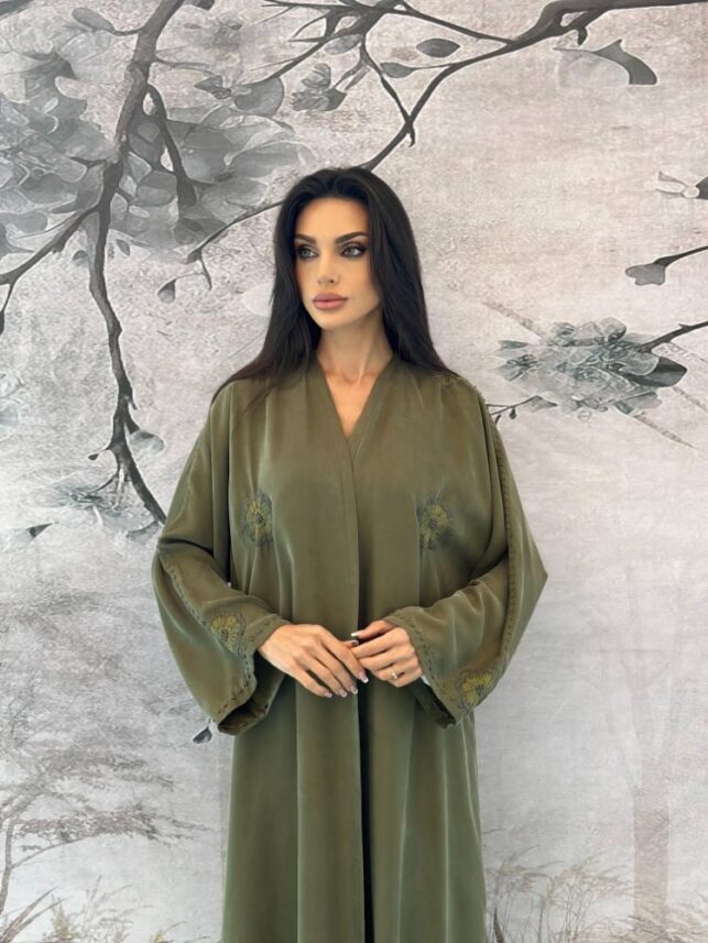 Abaya with flower embroidery, Hemp material