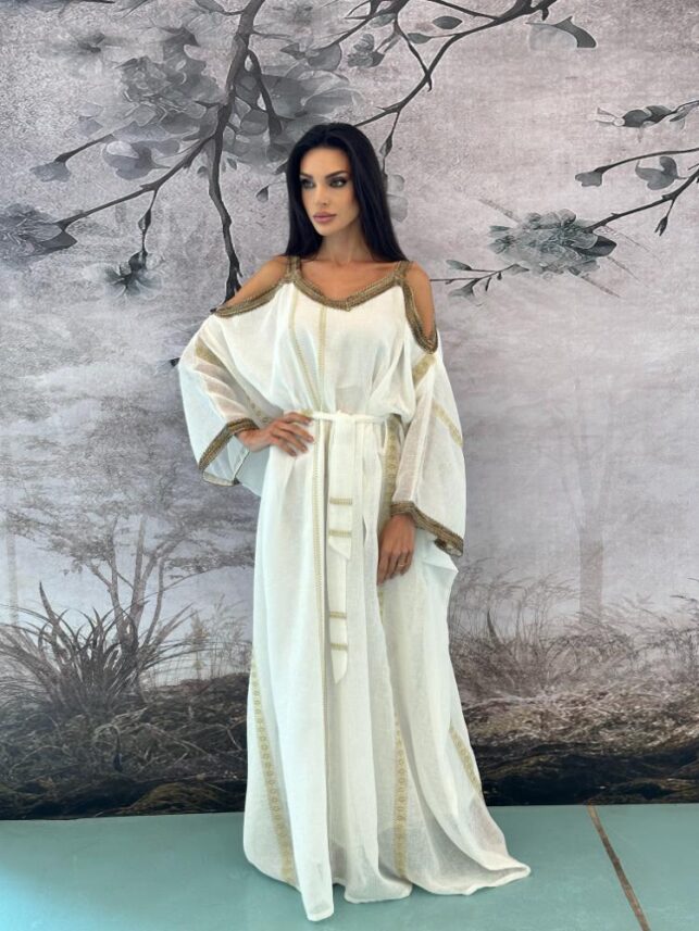 Open shoulder Jalabiya w/ golden hemline, Crepe materials