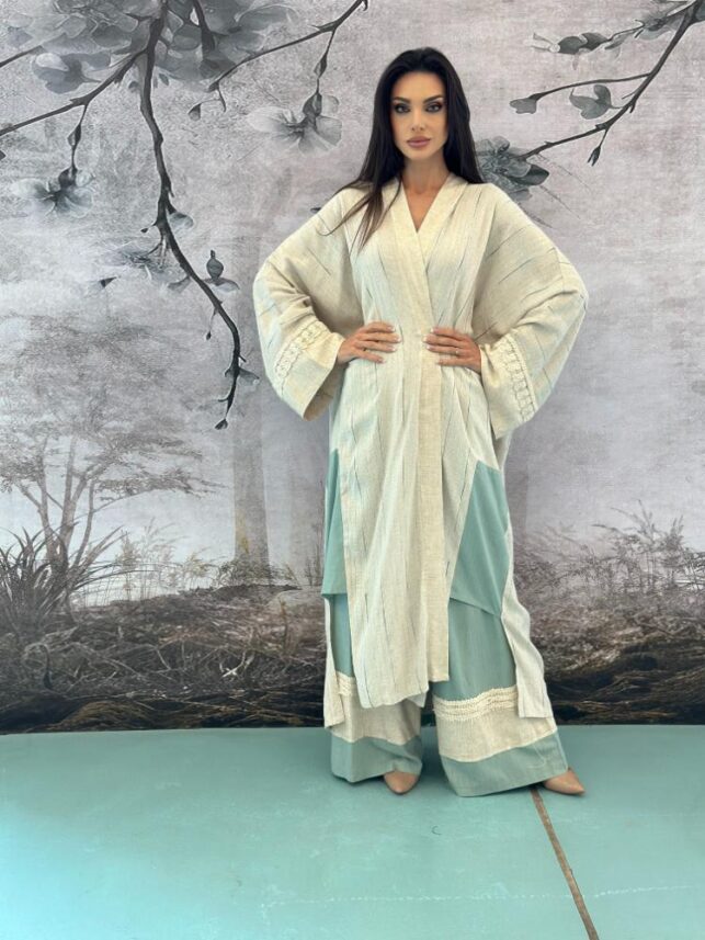 Top & Trousers Stripe w/ beads design, linen materials