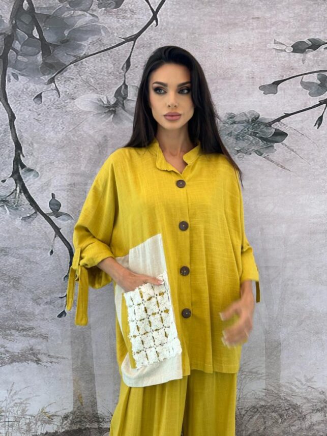 Top & Trousers w/ native button w/ big pockets, Linen materials