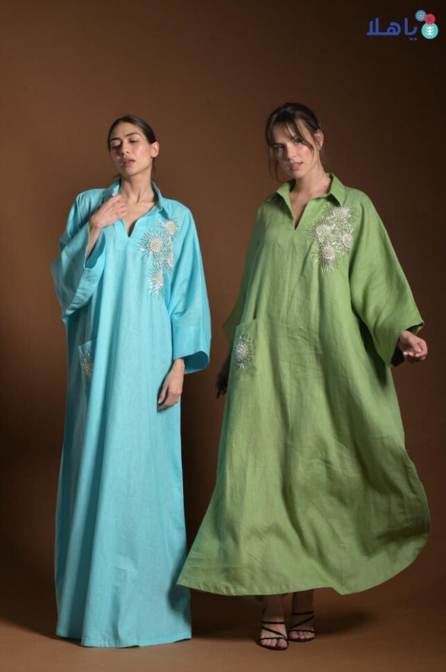 Dainty Jalabiya w/ Flower white beads, Linen materials