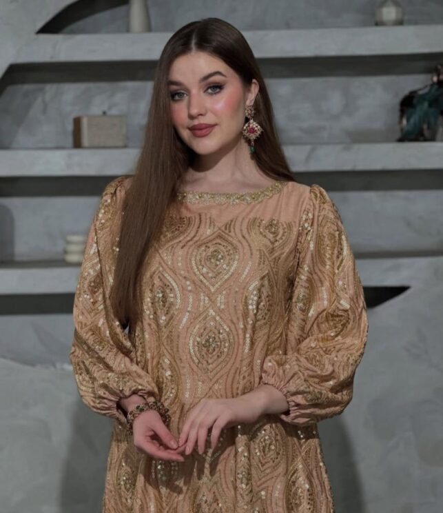 Wide Neck long sleeve Jalabiya, Full tiny beads, Linen Materials