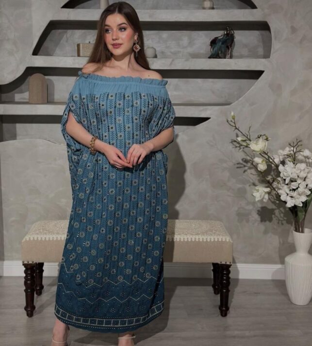 Off Shoulder Ramadan Jalabiya w/ Full Embroidery, Crinkle Materials