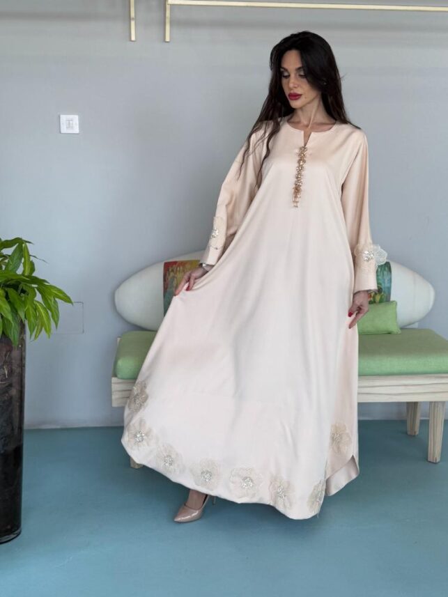 Cut Dress w/ Big Flower Embroidery, Crepe Materials