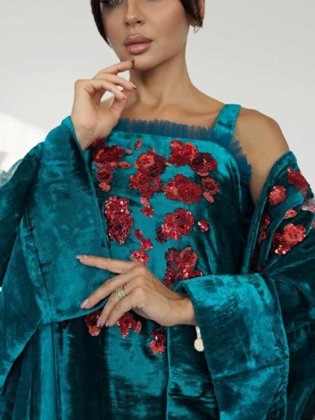 2pc. Bisht w/ Embroidery lining w/ red beads design, Velvet Materials