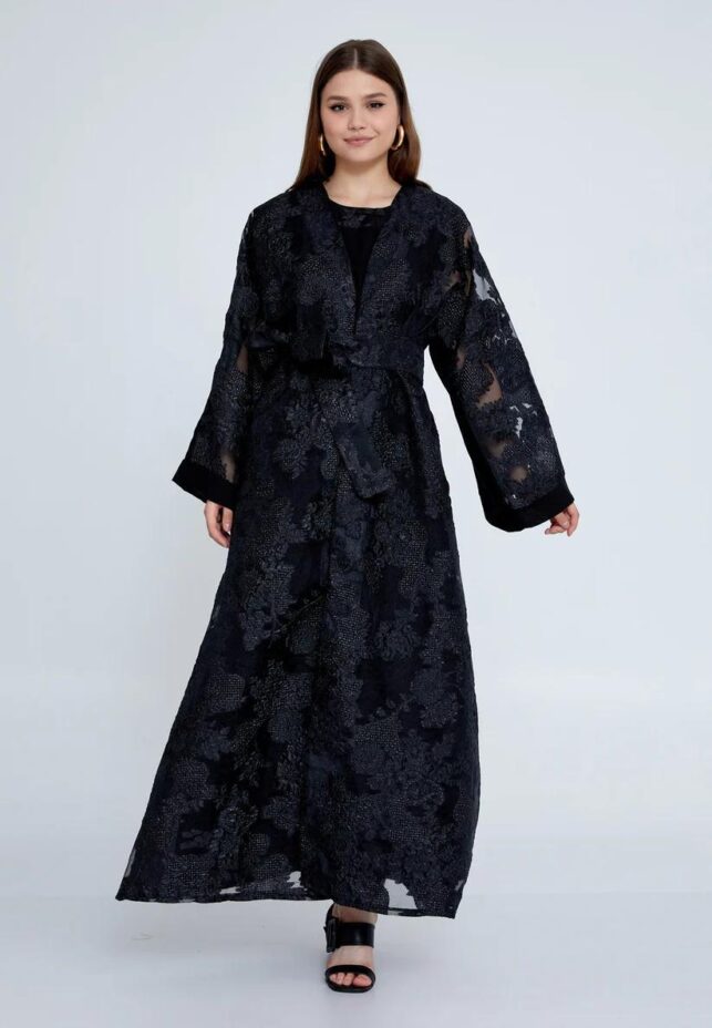 The midnight floral tulle overlay abaya set